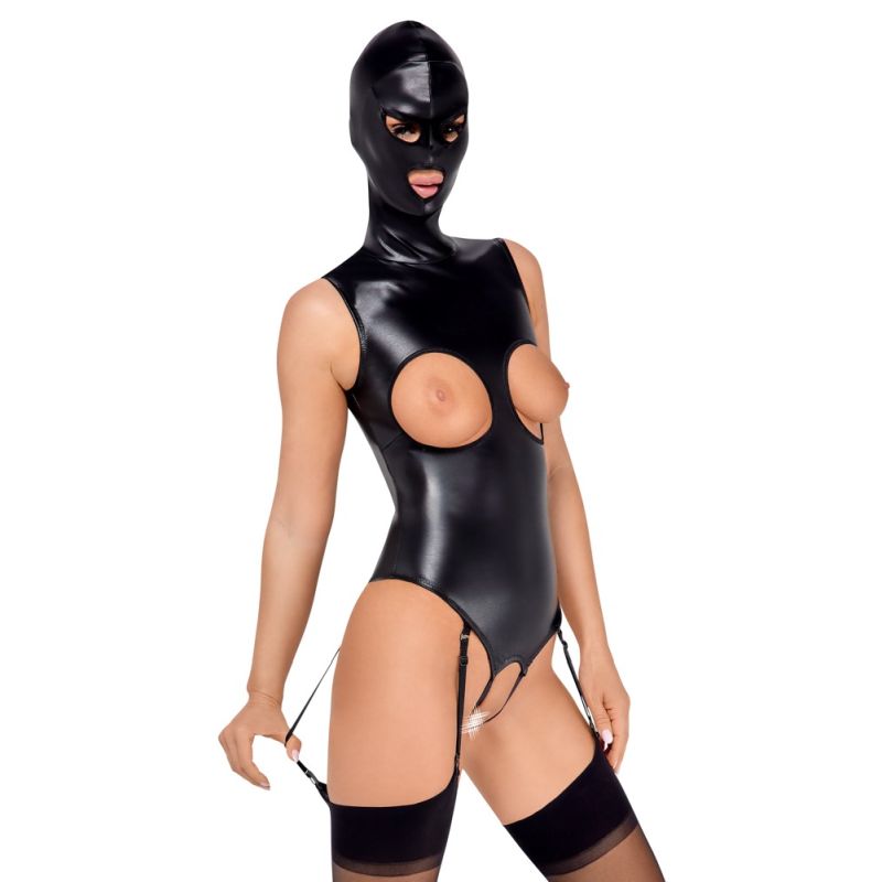 Body ouvert mit angenähter Kopfmaske und abnehmbaren Strapsen Body ouvert mit angenähter Kopfmaske und abnehmbaren Strapsen
